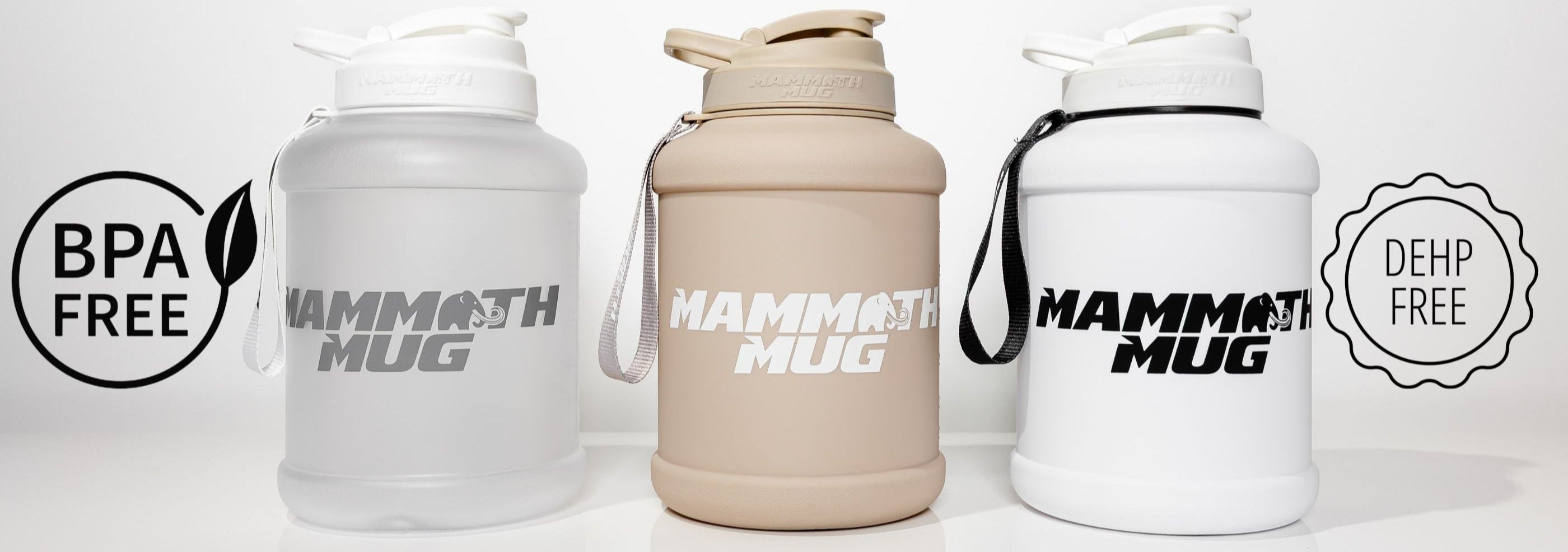 Three Hammath Mugs in different colors on a white background with 'BPA FREE' and 'DEHP FREE' labels.