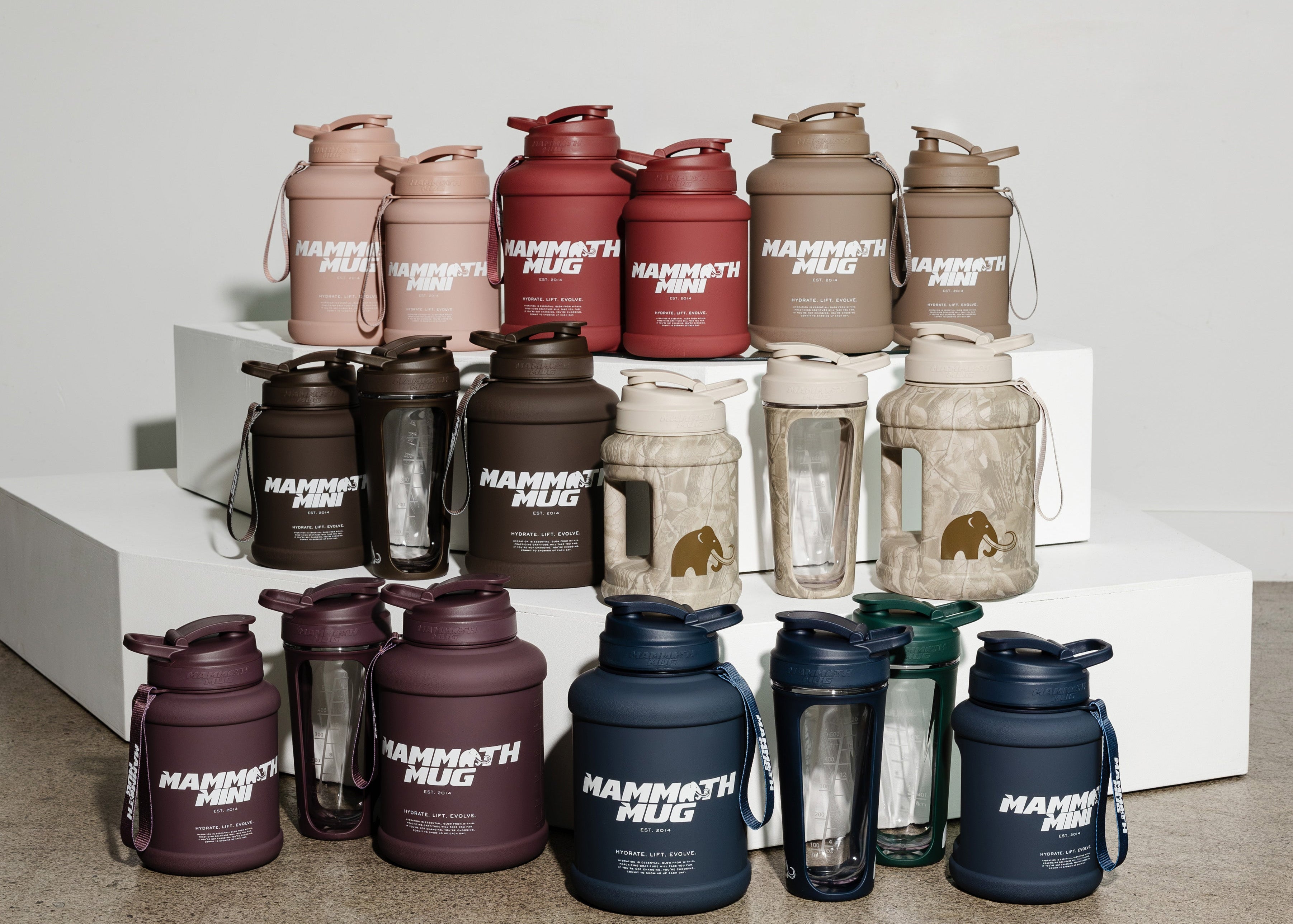 Collection of Mammoth Mugs in various colors on a concrete floor with a white wall background.